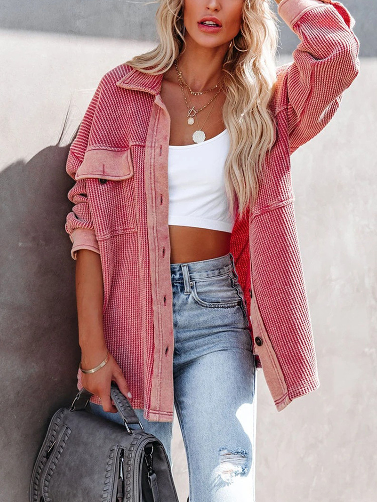 Women's Jackets Turn Down Collar Women Long Sleeve Pink Tops Coat Casual Streetwear Button Jackets Female Loose Pocket Patchwork Lapel Outerwear 