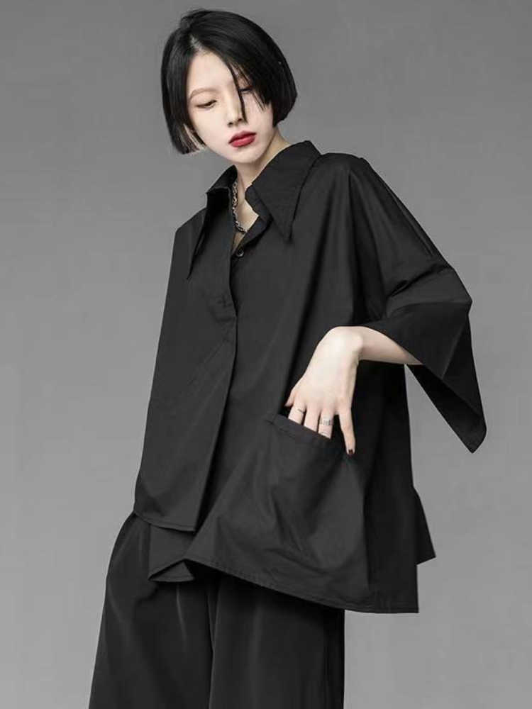 Women's Blouses Shirts Black Shirts New Summer Loose Unique Short-sleeved Women Irregular Three-quarter Sleeve Handsome Unisex White Blouse Women