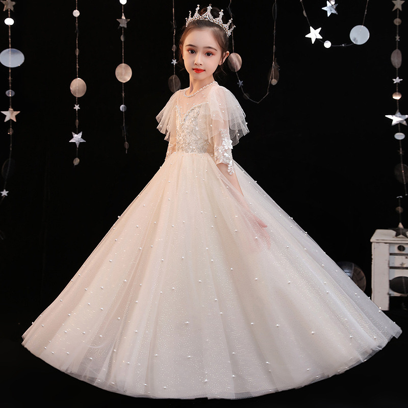White Pearls Flower Girls Dresses Princess Beaded Elegant Appliqued Lace Beads First Communion Birthday Party Gown Custom Made Christmas Kids Pageant 