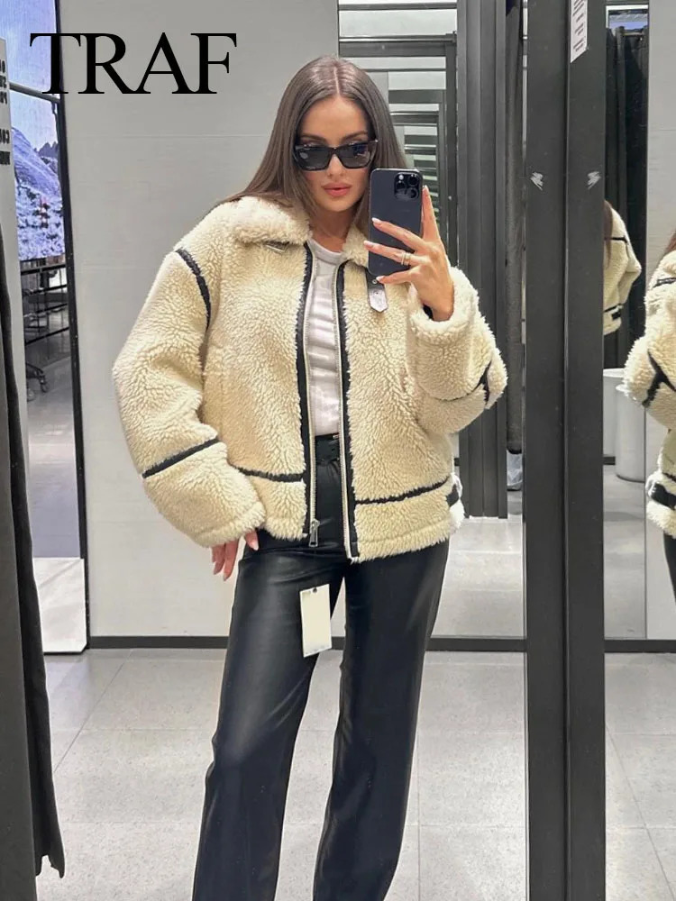Women's Jackets Long Sleeve Pockets Zipper Female Streetwear Roupa Coats TRAF Woman's Fashion Winter Chic Jacket White Turn-Down Collar 2311