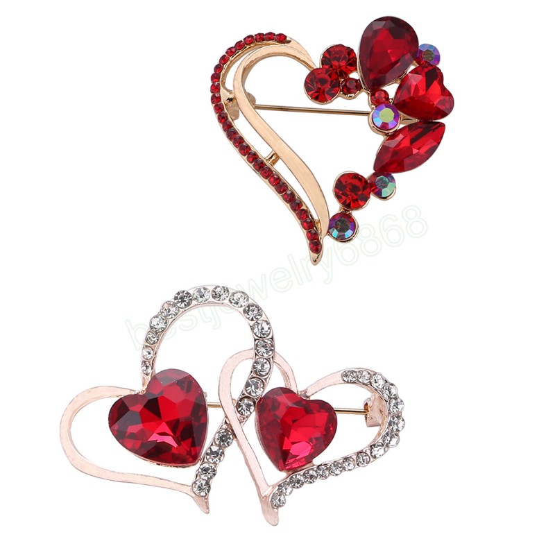 Exquisite Heart Shape Brooches Women Ladies Romantic Elegant Red Rhinestone Crystal Brooches Pins Clothes Accessories Gifts