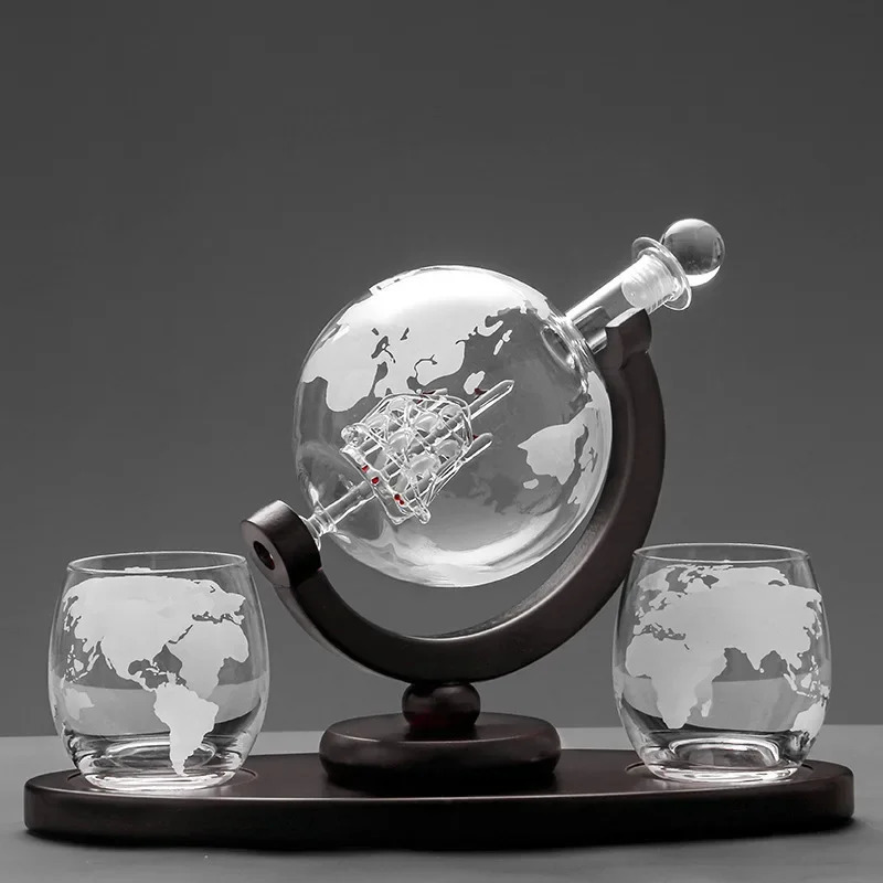 Bar Tools Whiskey Glass Set Crystal Globe Liquor Carafe for Whisky Vodka Sailboat in Decanter with Finished Wooden Stand Cup 231127