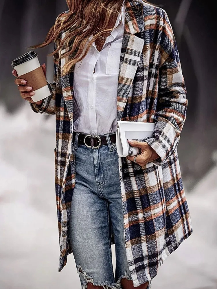 Womens Wool Blends Woolen Autumn Long Coat Women Sleeve Plaid Striped Print Ladies Coats Fashion Casual Loose Woman 231127