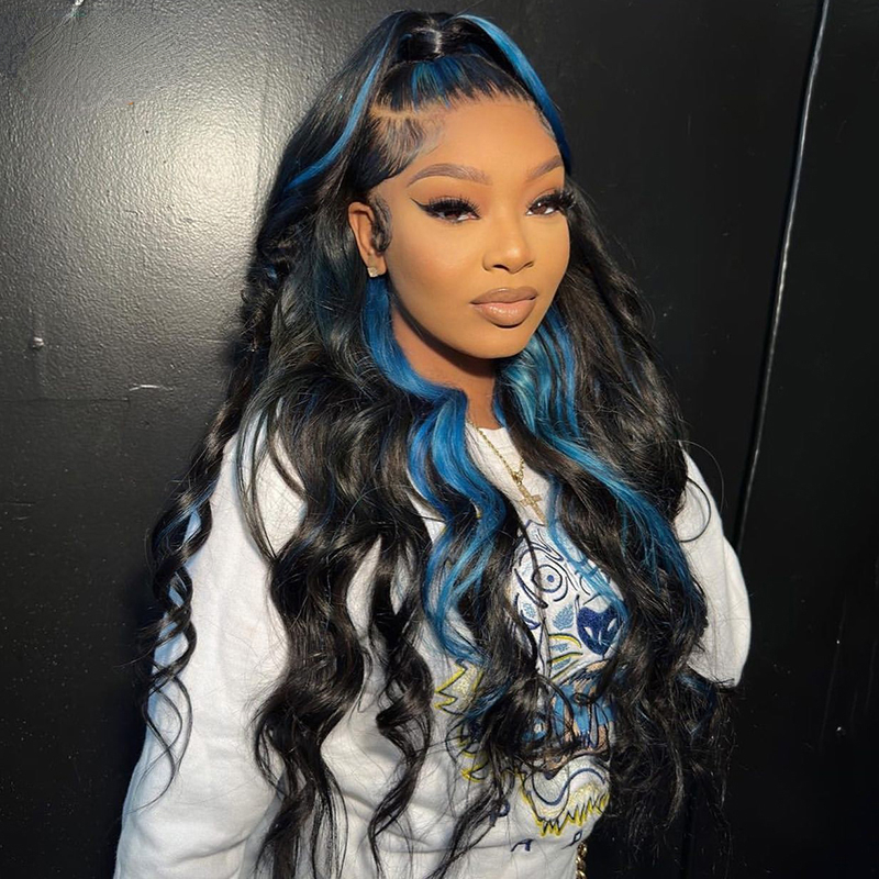Free shipping 13X4 Front Blue Highlight Black Wigs Transparent Lace Frontal Brazilian Silation Human Hair Body Wave Wig For Women