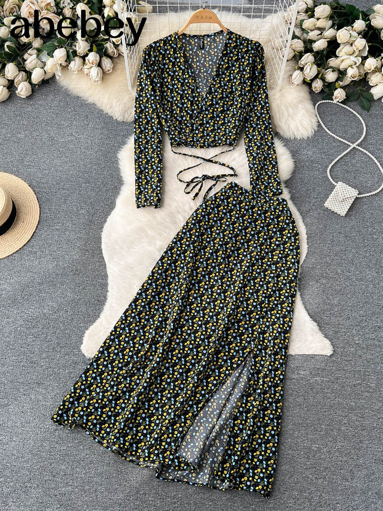 Two Piece Dress Women Chiffon Vacation Bohemian Two Pieces Suits Summer Lace Up Top Split Long Skirt Sets Y2K Floral Print Beach Sets 230428