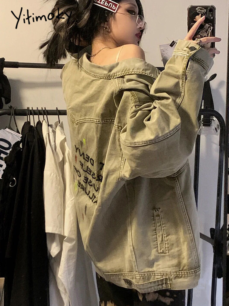 Women's Jackets Cotvotee Cargon Denim Jacket Women Long Sleeve Turn-down Collar Embroidery Single Breasted Coat Casual Outerwear Y2k 230428