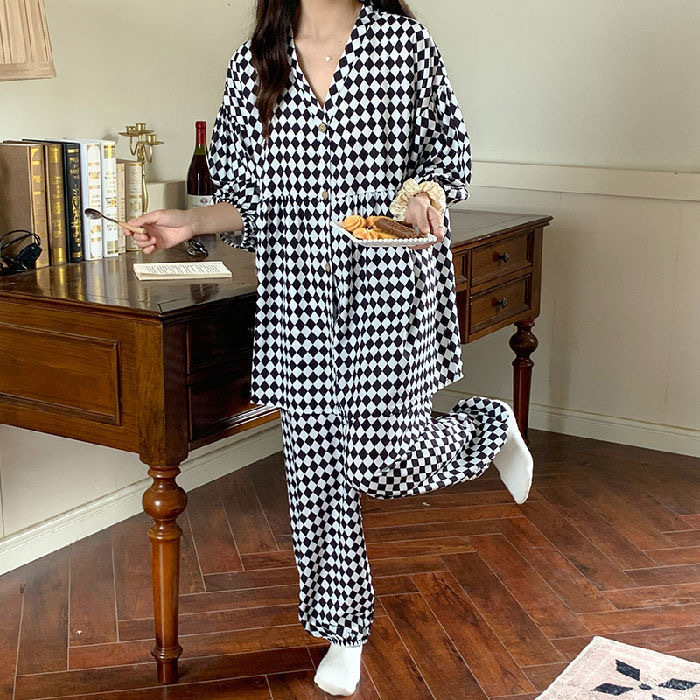 Women's Sleepwear 100% Cotton Floral Printed Ladies Kimono Style Pajamas Set Loose Thin V-Neck Three Quarte Sleeves 2Pcs Sleepwear Loose Homewear