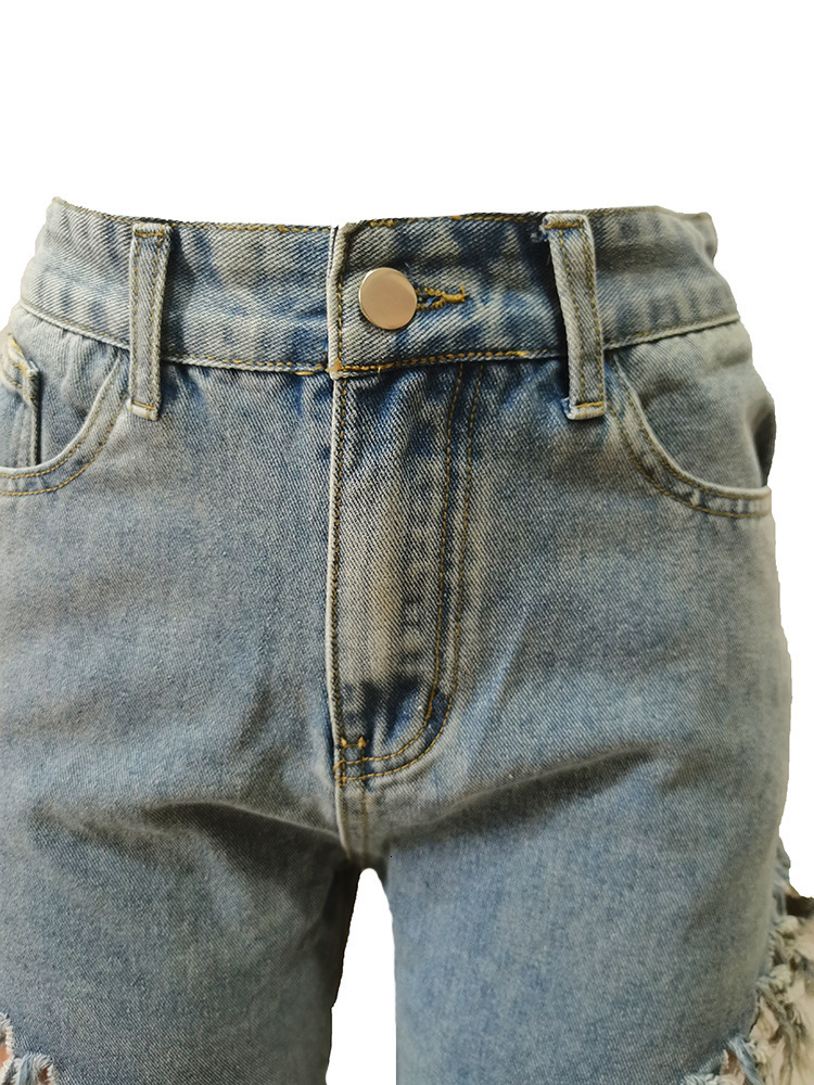 Women's Jeans CMYAYA Women Fashion Ripped Cutout Tassel Star Back Zipper Fly Straight 2023 Summer INS Street Denim Pants Trousers 230427