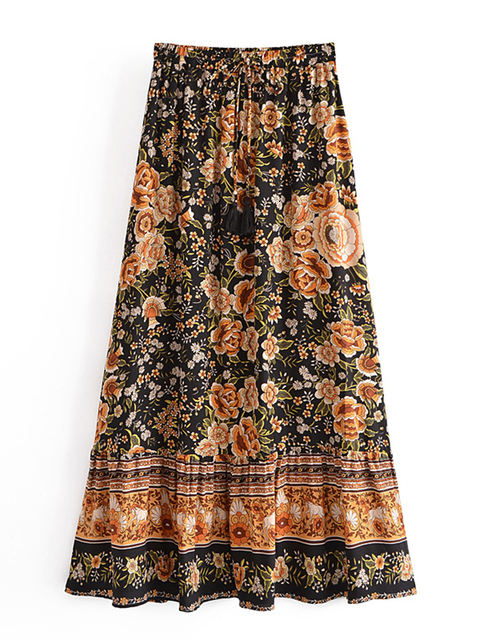 Skirts Summer Fashion Elegant Black Floral Print Beach Bohemian Pleated Skirt Vintage Lady High Waist A-Line Rayon Maxi Boho Skirts 230428