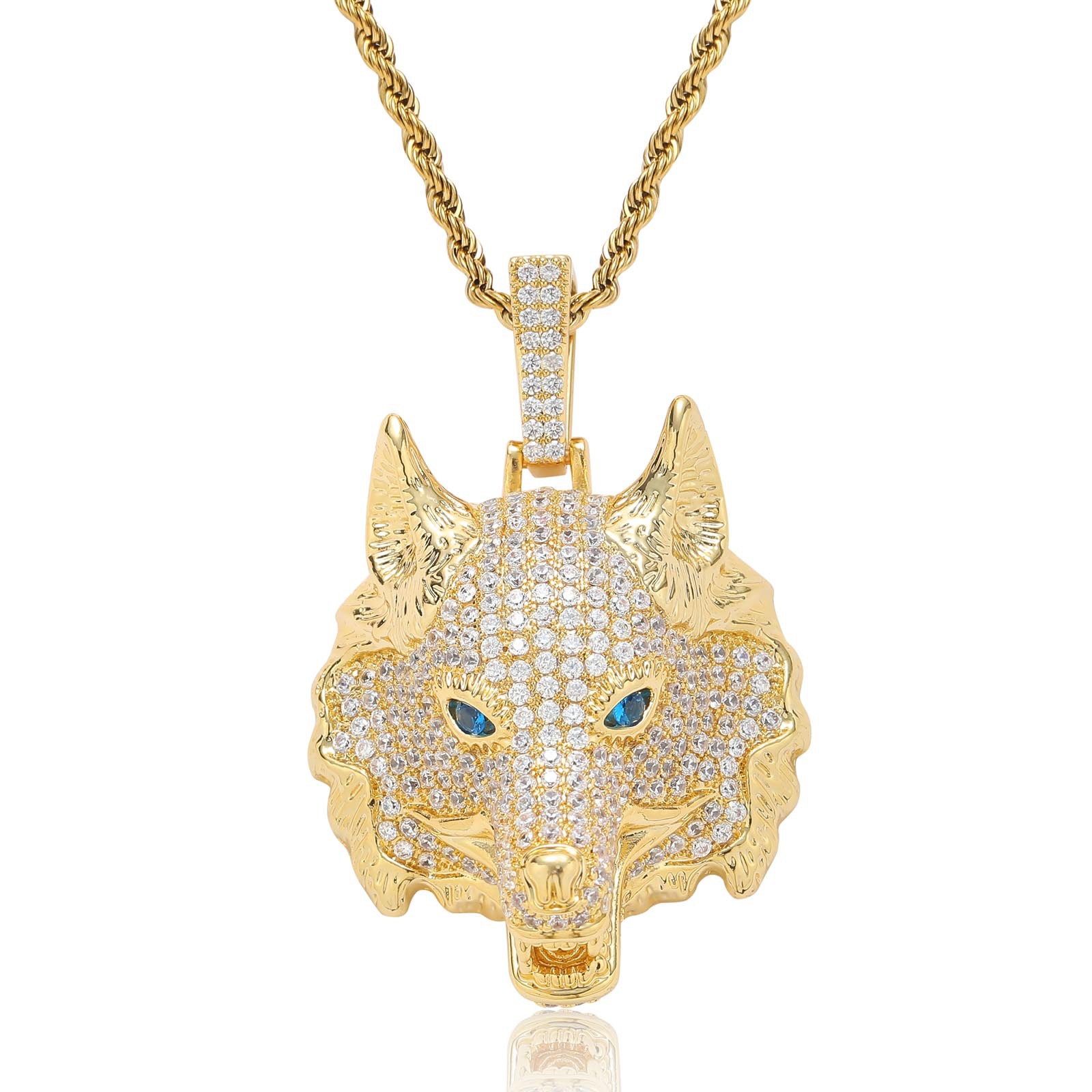 Hip Hop Retro 3D Wolf Head Pendant Necklace Cool Men Gift Full 5A Zircon 18k Real Gold Plated Jewelry