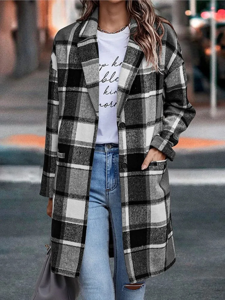 Womens Wool Blends Woolen Autumn Long Coat Women Sleeve Plaid Striped Print Ladies Coats Fashion Casual Loose Woman 231127