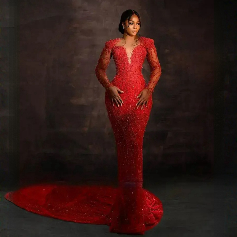 Urious Aso Ebi Prom Dresses Sparkg Red Lace Mermaid Evening Dress Crystals Birthday Party Second Reception African Engagement Gowns St452 6660306