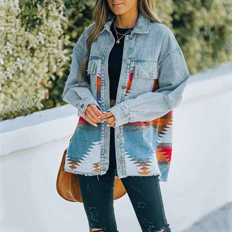 Women's Jackets Women Patchwork Denim Jacket Printed Long Sleeve Lapel Button Down Cardigan Autumn Spring Casual Coat 90s Vintage Streetwear 2304