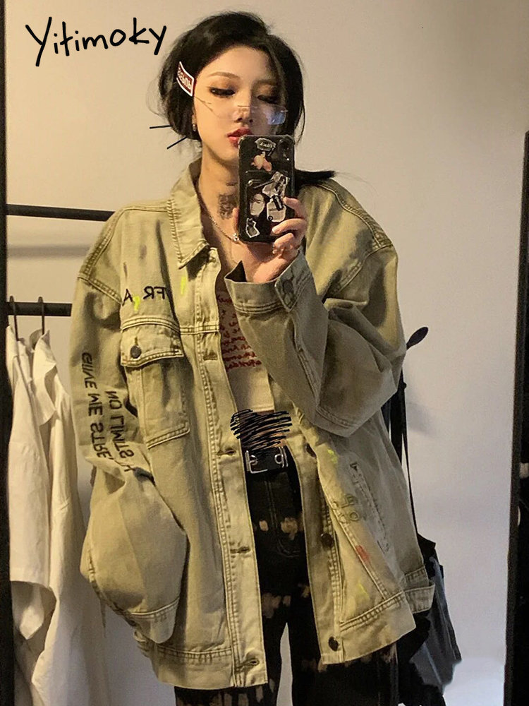 Women's Jackets Cotvotee Cargon Denim Jacket Women Long Sleeve Turn-down Collar Embroidery Single Breasted Coat Casual Outerwear Y2k 230428