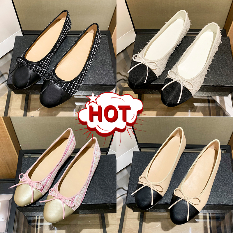 Ballet Flats Designer Dress Shoes Womens Channel shoe luxury fabric sandals pointed toe women loafers Stitching Lambskin Ballerinas Flat Slides bow slide loafer