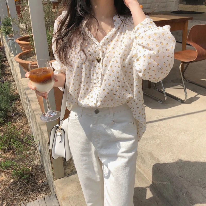 Women's Blouses Shirts Women Shirts Floral Printed Chic Sweet Korean Style Casual Loose Spring Long Sleeve Femme Elegant Clothing All-match Tende