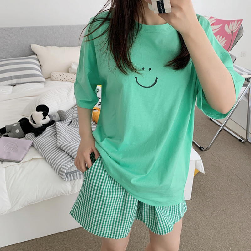Women's Sleepwear Korean women's pajamas summer home clothes pajamas set girls sweet plaid pajamas kawaii ruffled pajamas Japanese home suit