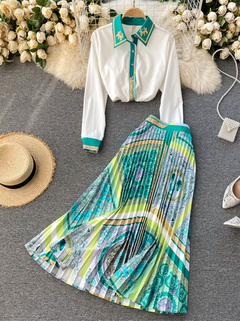 Two Piece Dress Spring Fashion Runway Midi Skirt Sets Women's Long Sleeve Contrast Color Green White Shirt and Pleated Skirts Two Piece Suit 2304