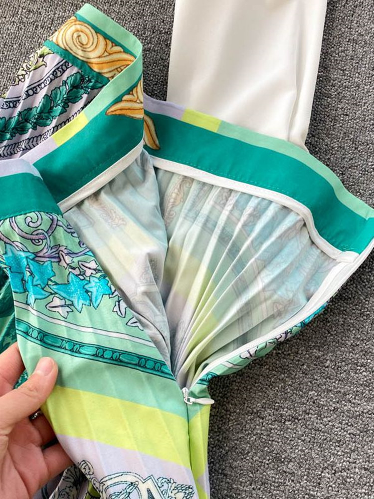 Two Piece Dress Spring Fashion Runway Midi Skirt Sets Women's Long Sleeve Contrast Color Green White Shirt and Pleated Skirts Two Piece Suit 2304