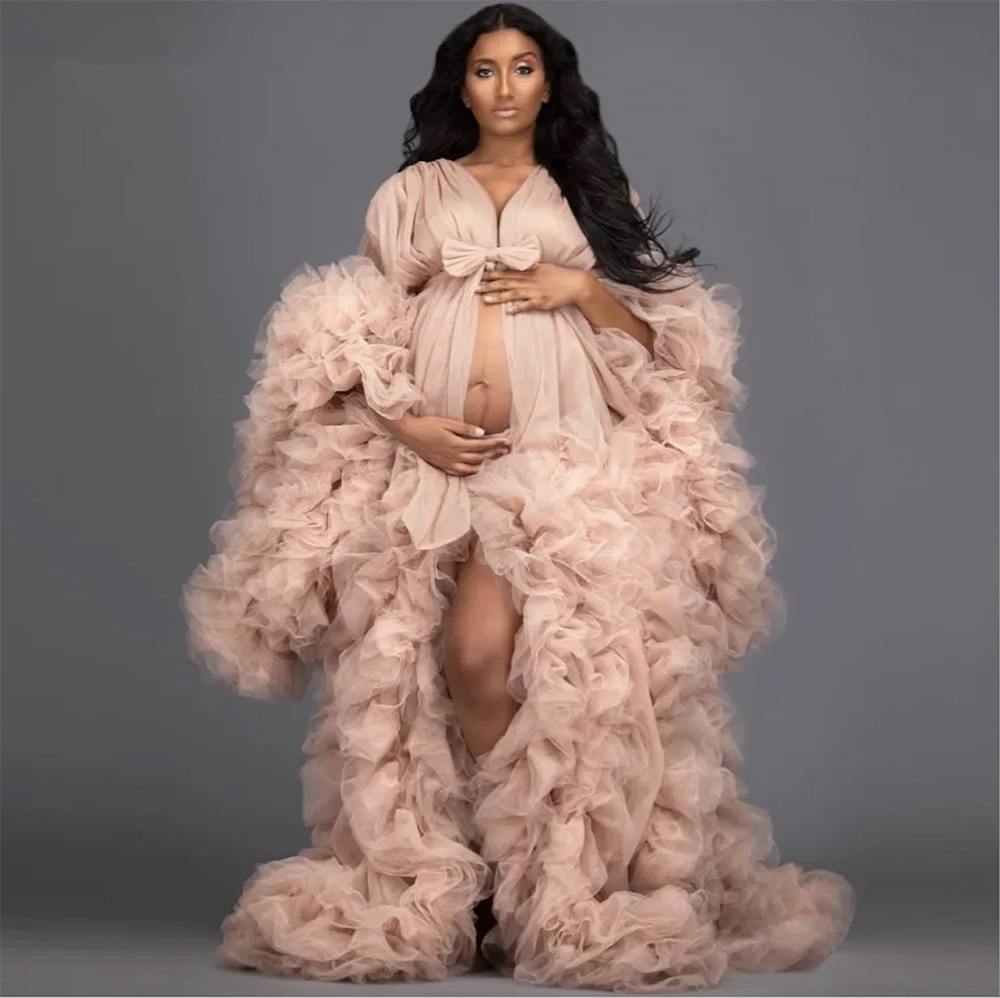 Elegant Puffy Tulle Maternity Sleepwear Photography Props Bridal Robes Long Sleeve Ruffles Women Nightgowns Plus Size Dress