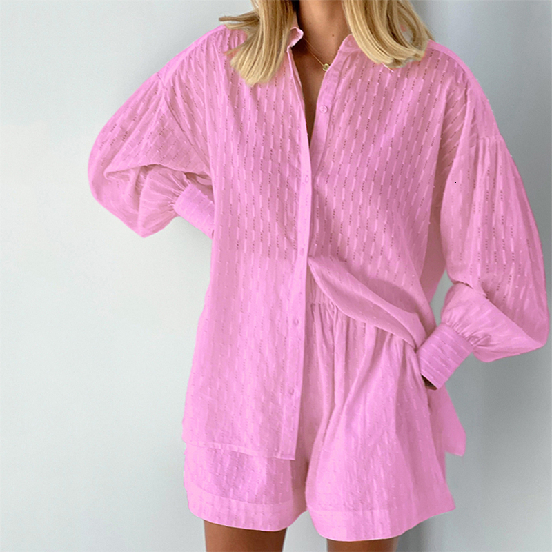 Women's Sleepwear Women's Matching Set Jacquard Full Lantern Sleeve ShirtPocket Shorts 2 Pieces Suit Sleepwear Pajama Home Clothes Soft Oute