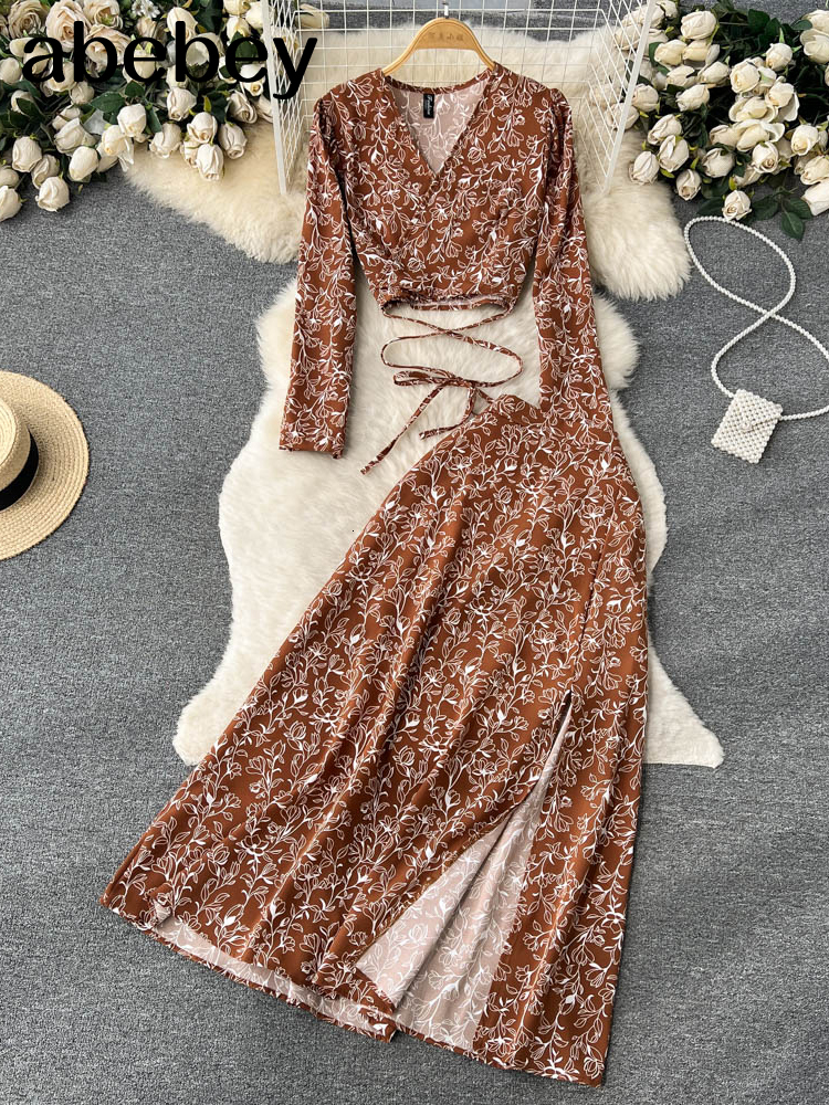 Two Piece Dress Women Chiffon Vacation Bohemian Two Pieces Suits Summer Lace Up Top Split Long Skirt Sets Y2K Floral Print Beach Sets 230428