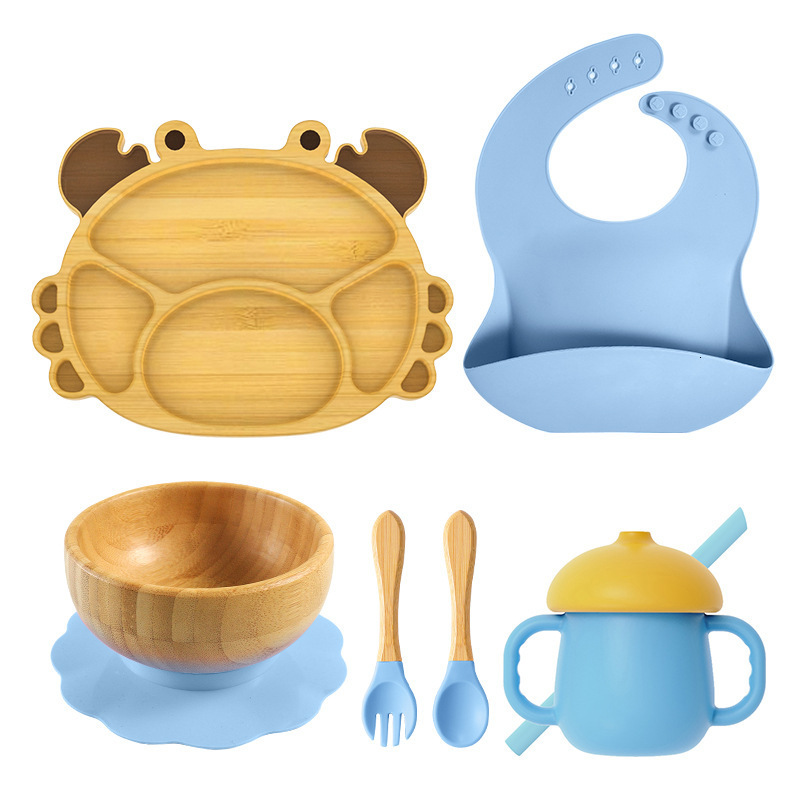 Cups Dishes Utensils Baby Stuff Bamboo Tableware Cup Bowl Plate/Tray Bibs Spoon Fork Sets Children Non-slip Feeding Free Dinnerware Dinner 230428
