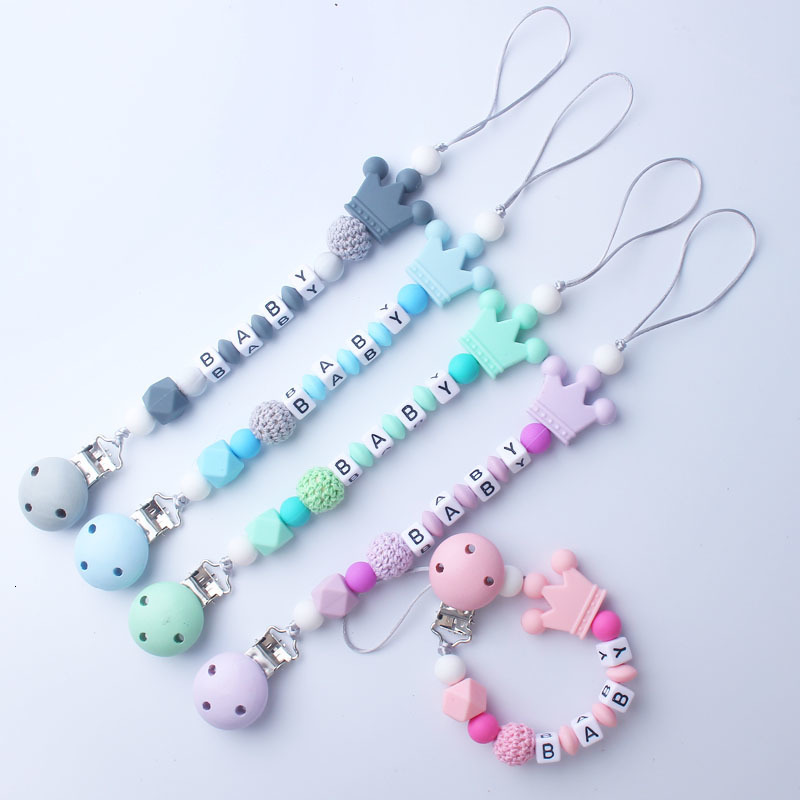 Pacifier Holders Clips# Handmade free personalized name silicone baby pacifier clip crown chain holder safe teether 230427