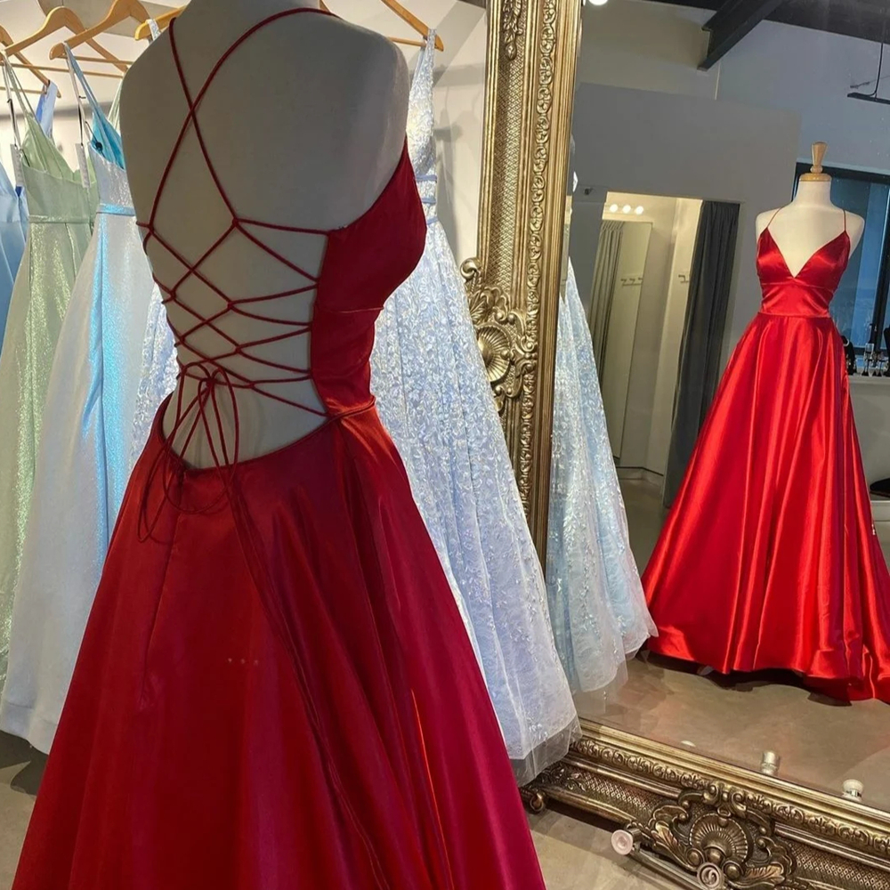 Long V-Neck Satin Red Prom Dresses Criss Cross Back Floor Length Plus Size Formal Occasion Evening Party Gown HD1021