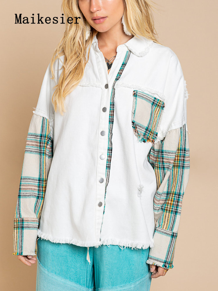 Women's Jackets Women Denim Jacket Autumn Fashion Plaid Stitching Loose Green Jean Jackets Office Lady Streetwear Casual Tops Lady Outerwear 2304