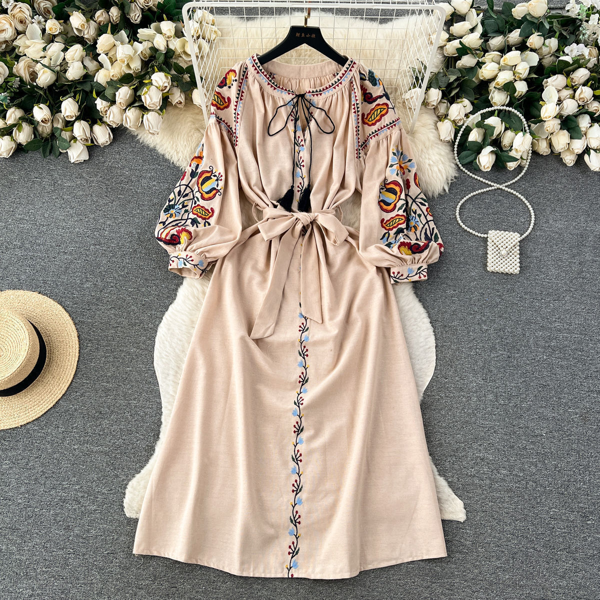 Ladies Fashion Resort Small Stand Collar Floral Embroidery Long Sleeve Loose Belt Sweet Elegant Woman Black Party Maxi Dress 4XL 211029