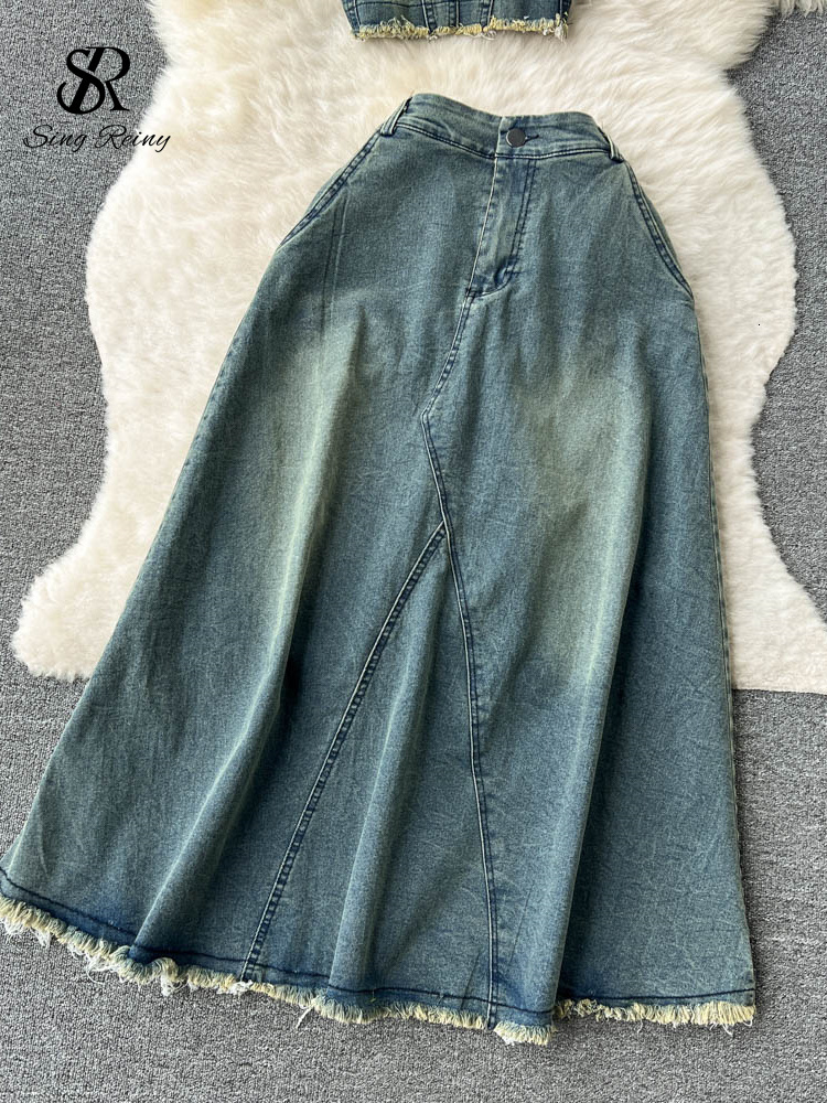Two Piece Dress SINGREINY Retro Sexy Denim Two Pieces Suits Female Elastic Sheath Mini Strapless Tank TopMidi Long Skirt Women Summer Sets 230428