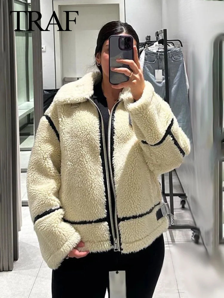 Women's Jackets Long Sleeve Pockets Zipper Female Streetwear Roupa Coats TRAF Woman's Fashion Winter Chic Jacket White Turn-Down Collar 2311