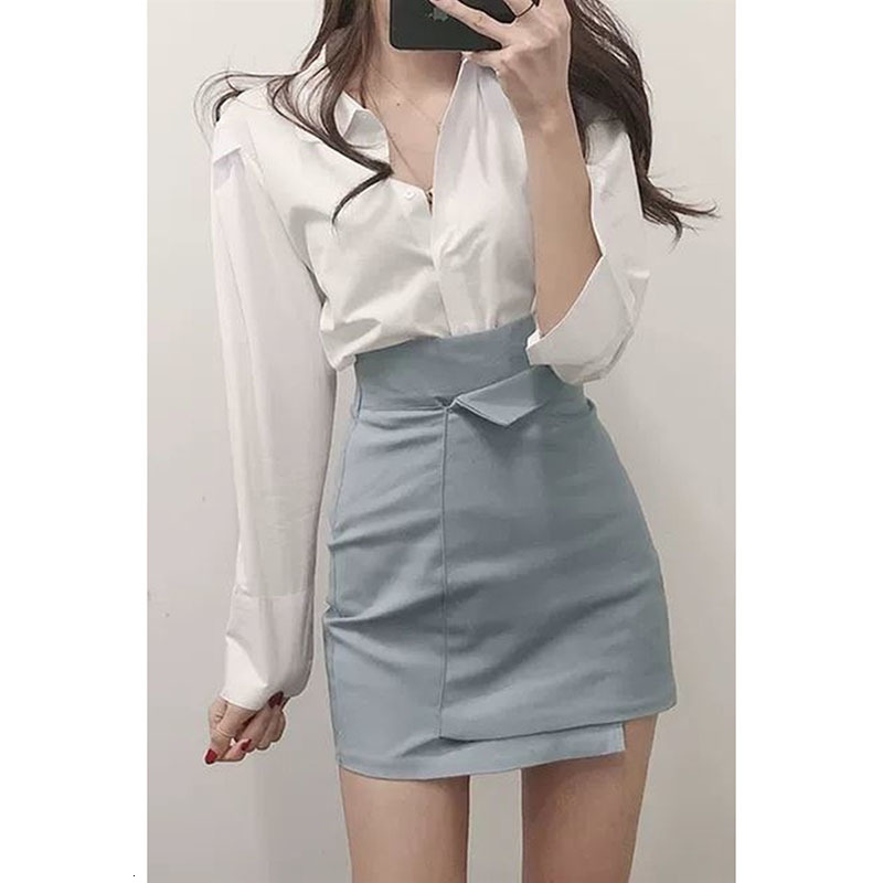Two Piece Dress Spring/Summer Two Piece Set Female fashion Outfits for Women ShirtHigh waist A-line Irregular skirt Korean office Suit 230428