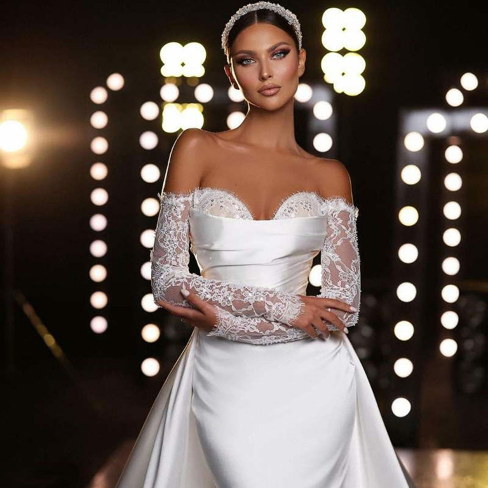 Off Shoulder Satin Mermaid Wedding Dresses Lace Sleeve Detachable Train Bridal Gown Cowl Neck vestidos de novia