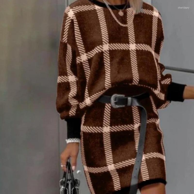 Two Piece Dress Stylish Sweater Skirt O Neck Ladies Women Pullover Loose-fitting Thick Blouse SkirtTwo