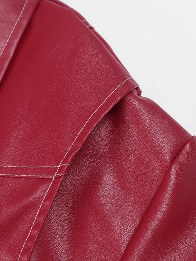 Women's Jackets Women Red Lapel Zipper Leather Cropped Coat Autumn Casual Long Sleeve Patchwork Jacket Winter Fashion Highstreet Outerwear 231128