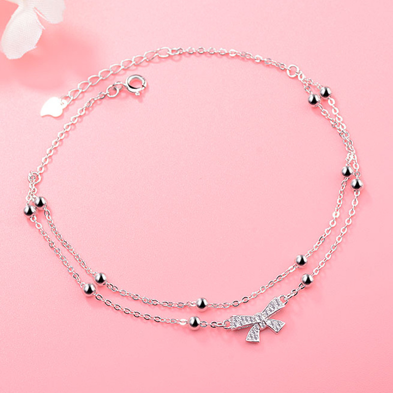 S925 Pure Silver Double-Layered Bow Anklet for Women, Exquisite and Unique Design, Korean Style Jewelry, Wholesale from Original Manufacturer