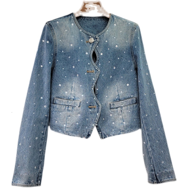 Women's Jackets LXUNYI Denim Jacket Women Spring Autumn Vintage O Neck Slim Women Jean Jacket Long Sleeve Casual Fashion Coat 230428