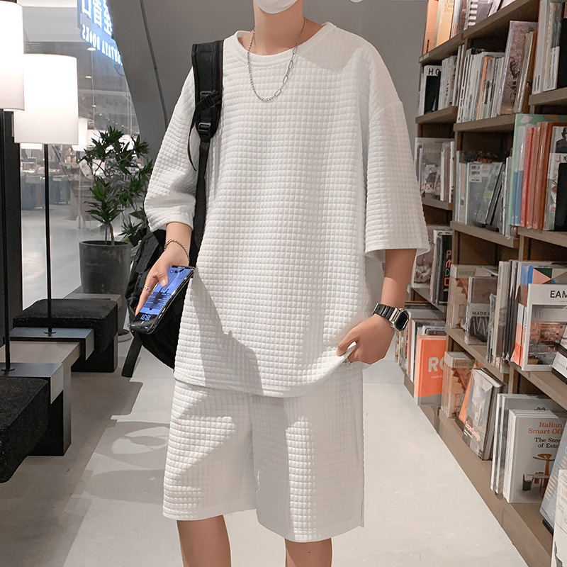 Men's Tracksuits Summer Waffle Tracksuit Men 2 Piece Solid Shorts Set Mens Fashion Clothing Harajuku Style Japan Fashion Loose Fit Sweatsuit 2304