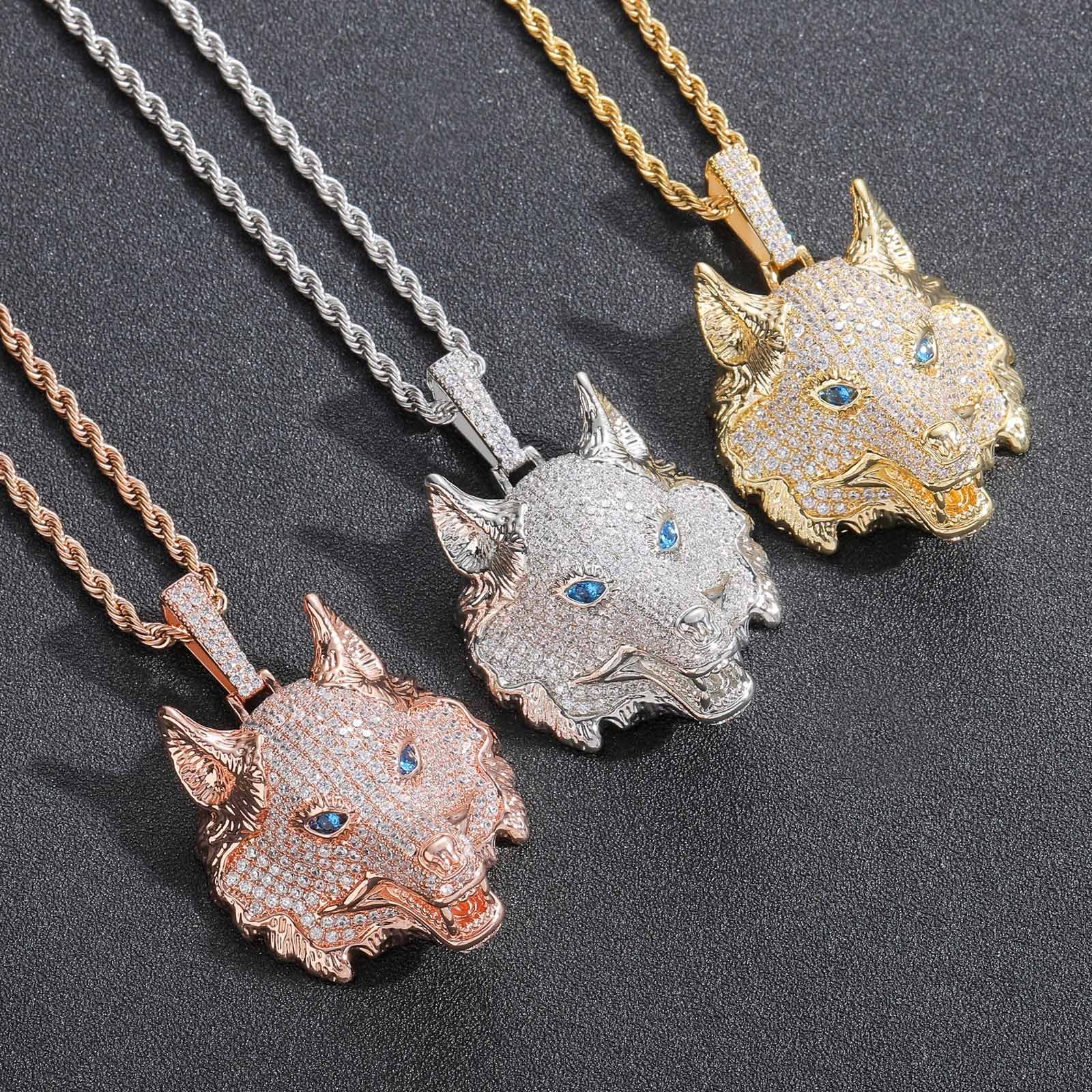Hip Hop Retro 3D Wolf Head Pendant Necklace Cool Men Gift Full 5A Zircon 18k Real Gold Plated Jewelry