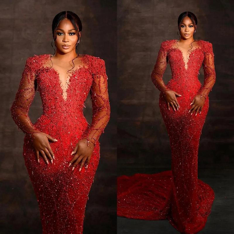 Urious Aso Ebi Prom Dresses Sparkg Red Lace Mermaid Evening Dress Crystals Birthday Party Second Reception African Engagement Gowns St452 6660306