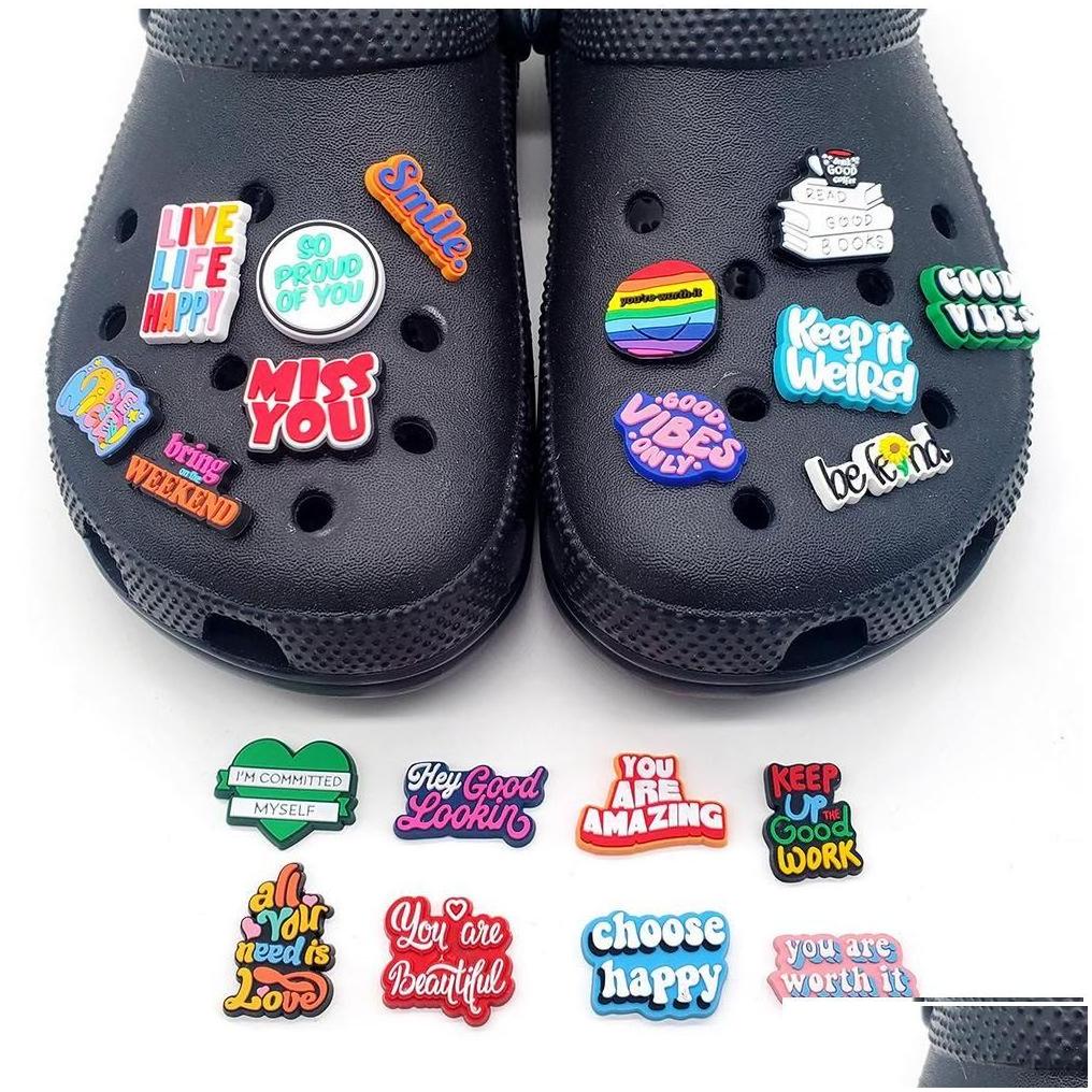 Shoe Parts Accessories 5030 Words Phrase Clog Charms Desiner Or Custom For Shoes Wall Art Decoration Cture Dr Dhnrg