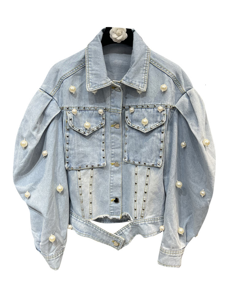 Women's Jackets DEAT Fashion Puff Sleeve Denim Coat Women's Casual High Street Pearls Patchwork Lapel Trend Jackets Female Spring 11SF6144 2