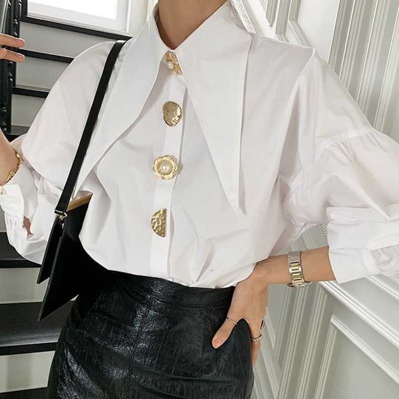 Women's Blouses Shirts QWEEK Comfort Women's Shirts Sharp Corner Lapel Fashion Lady Blouses Korean Style White All-match Long-sleeved Tops 2