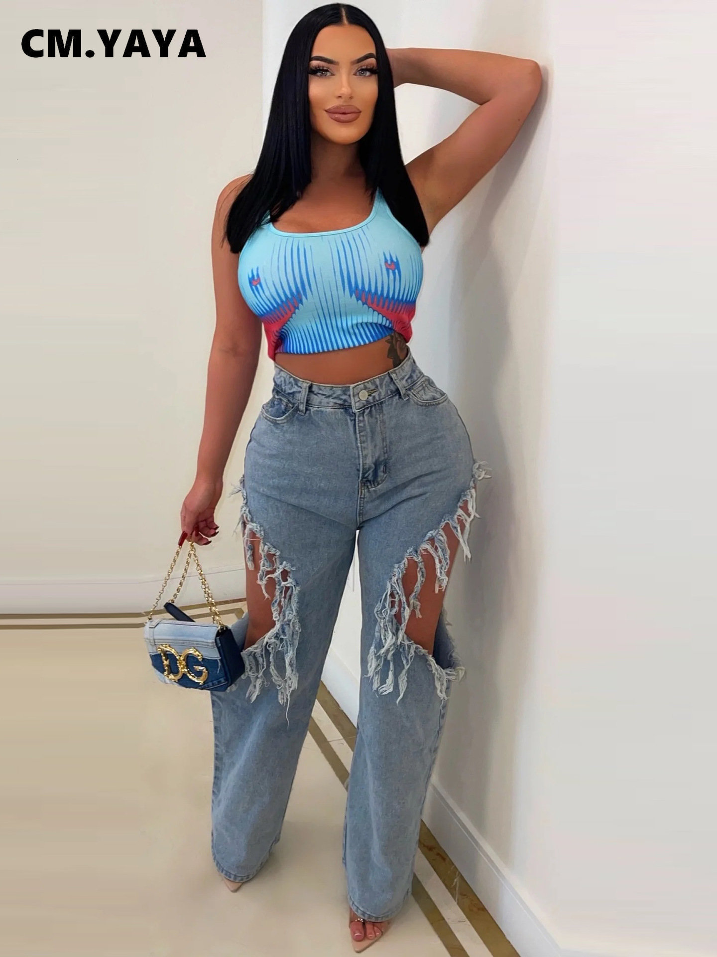 Women's Jeans CMYAYA Women Fashion Ripped Cutout Tassel Star Back Zipper Fly Straight 2023 Summer INS Street Denim Pants Trousers 230427