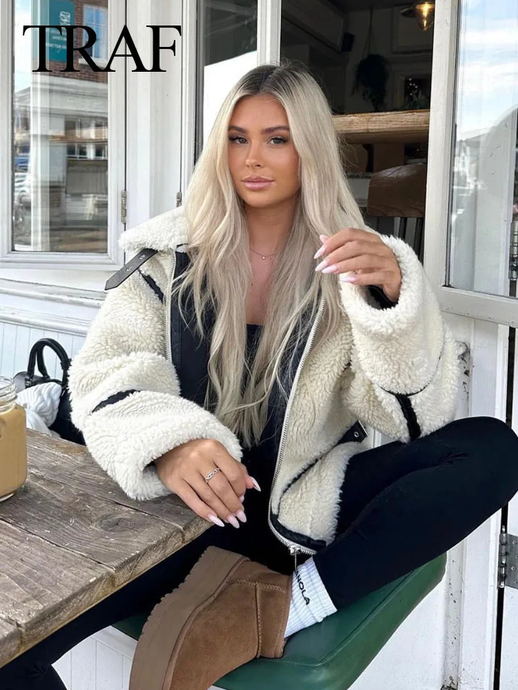 Women's Jackets Long Sleeve Pockets Zipper Female Streetwear Roupa Coats TRAF Woman's Fashion Winter Chic Jacket White Turn-Down Collar 2311