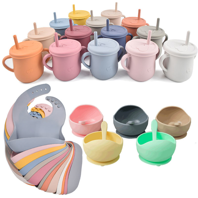 Cups Dishes Utensils 4Pcs/Set Baby Silicone Feeding Bowl Plate Dinnerware Set for Baby Toddlers Baby Feeding Cups Solid Bibs Tableware Set Dishes 2304