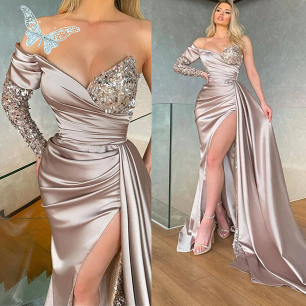 Robe De Soiree One Shoulder Prom Dresses Custom Long Sleeve Mermaid Side Split Formal Dubai Middle East Evening Party Gown