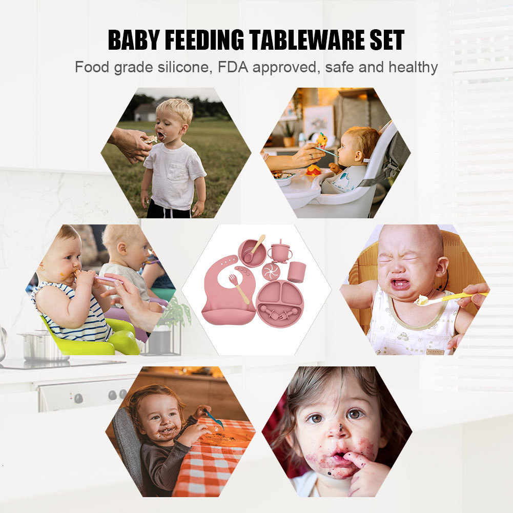 Cups Dishes Utensils 3/9PCS Set Baby Silicone Tableware Set Baby Feeding Dishes BPA Free Bowl Plate Bibs Spoon Fork Sets Children Non-slip Dinnerware 